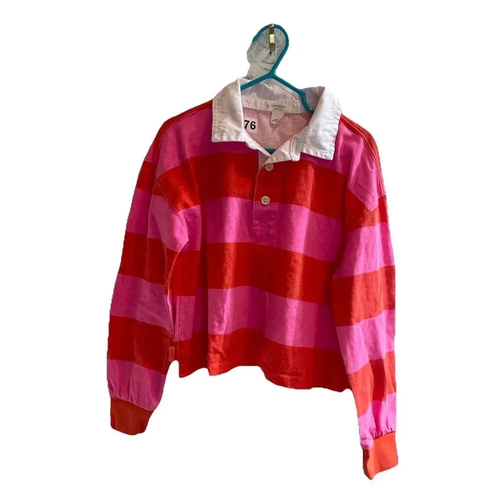 Crewcuts Girls Pink Red Striped Polo Size 6-7 Long Sleeve Preppy Rugby Shirt